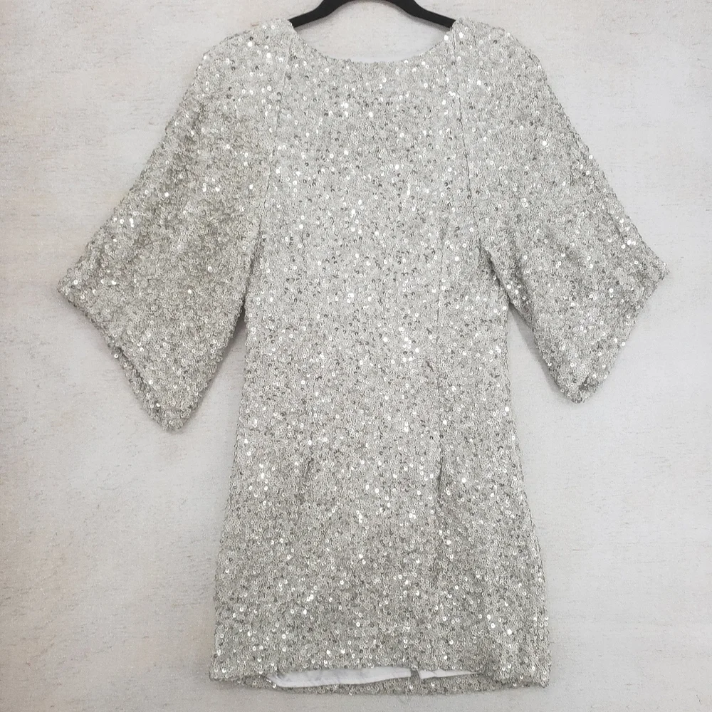 Free People Women US 6 champagne all over sequin dress Party Girl mini side zip - Picture 7 of 15